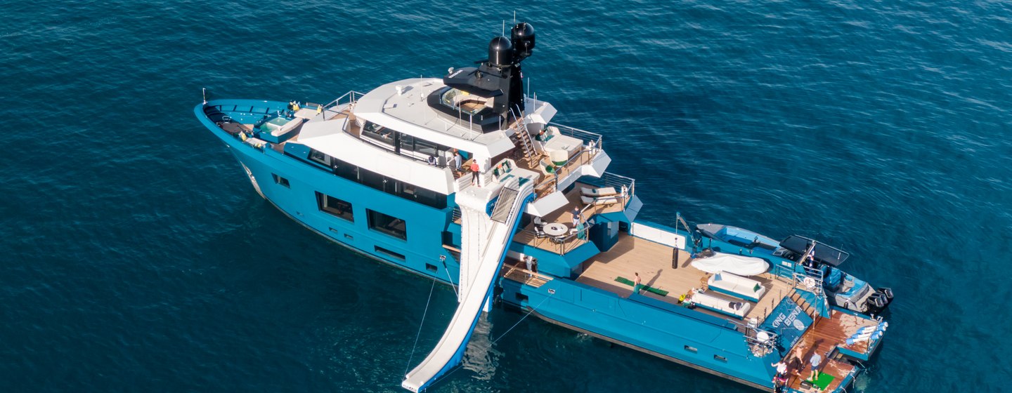 Expedition yacht King Benji at anchor with inflatable slide 