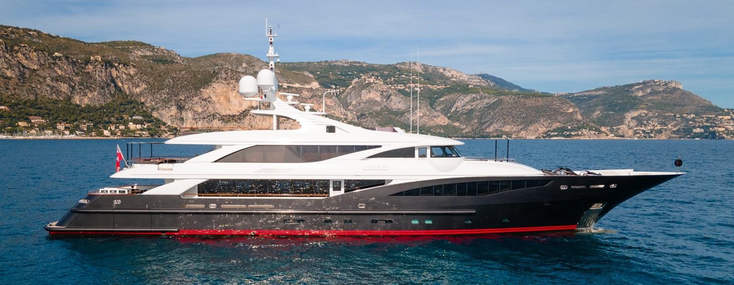 ISA Yachts motor yacht Liberty at anchor side view 