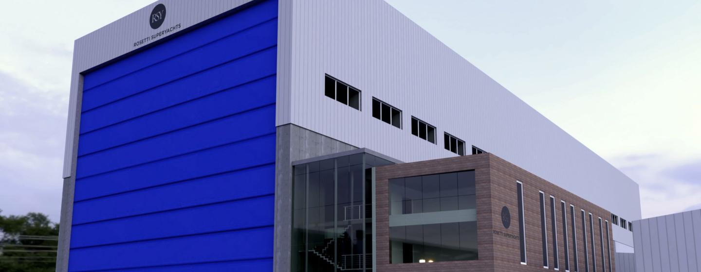 Rosetti construction facility, shed with blue door