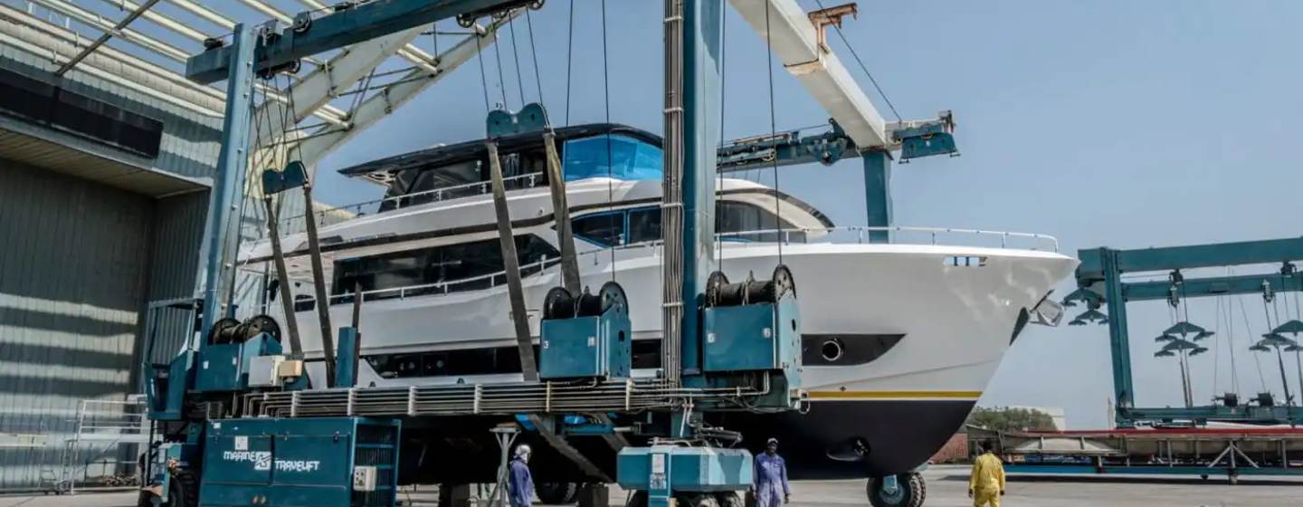 Nomad 70 Motor Yacht on trolley on way to launch