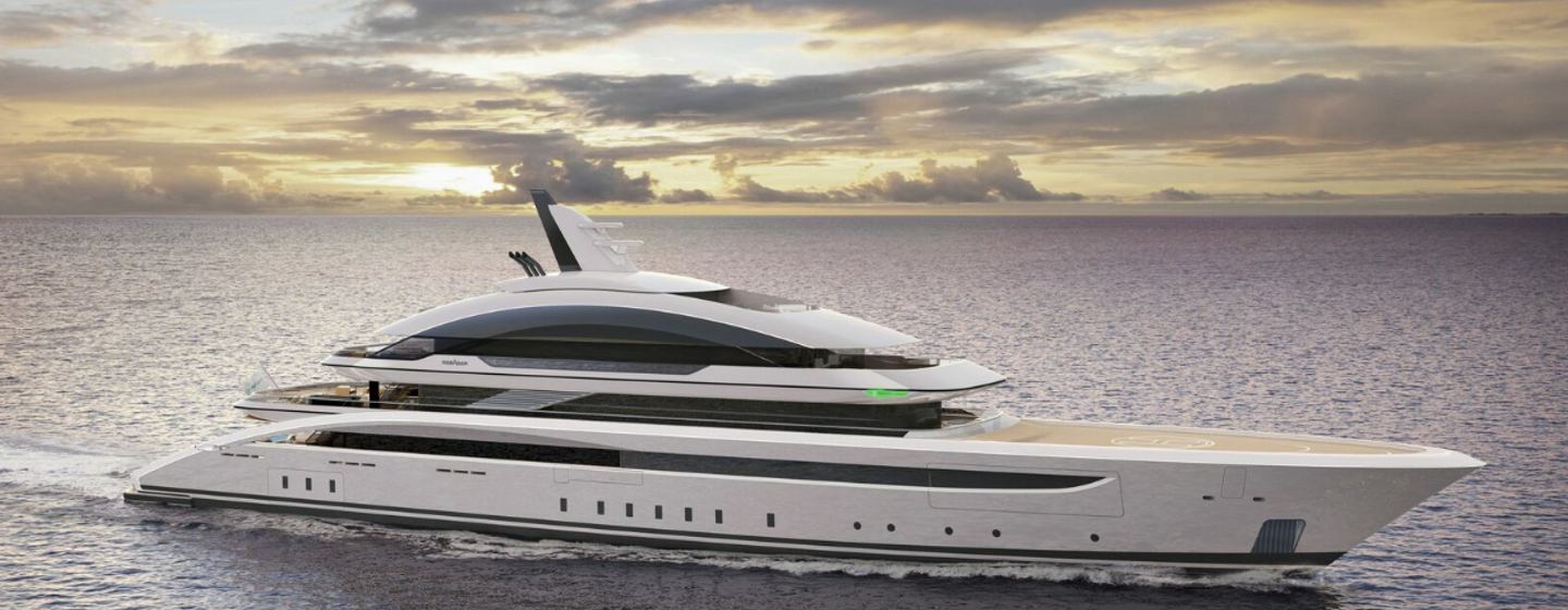 A render of Oceanco Project VOLARE in white out at sea