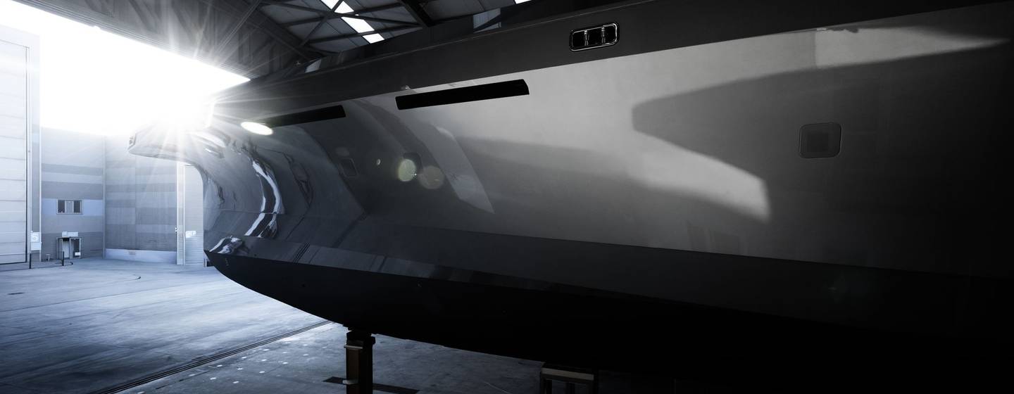 Bow of Superyacht Atlantide before launch