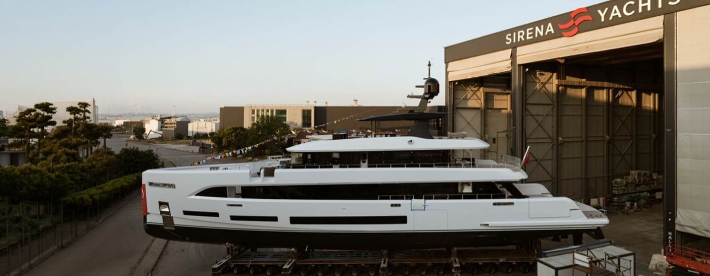 Sirena 42M/01 motor yacht travelling to launch on wheels 