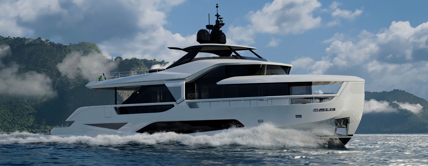 Ferretti Yachts  INFYNITO 80 running shot starboard bow aspect and side profile from water level, boat making way at speed in smooth sea on bright day