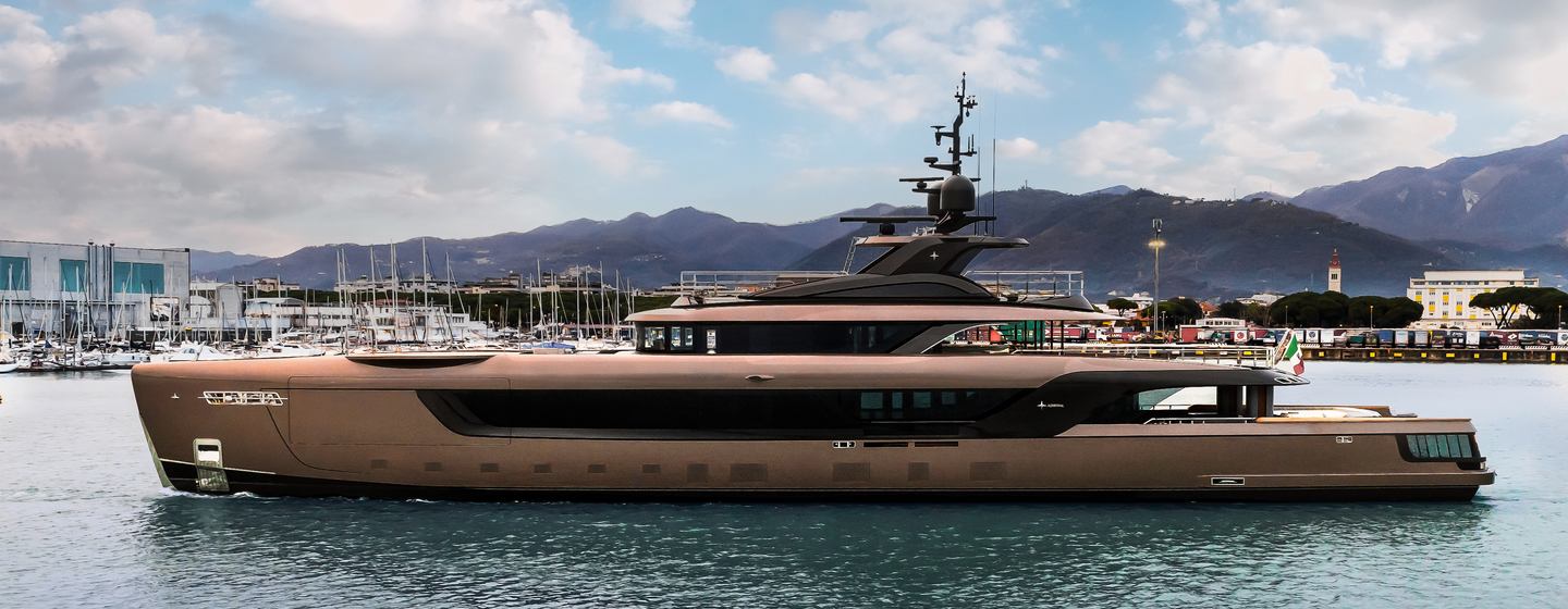 Side view of superyacht Raja2 at anchor