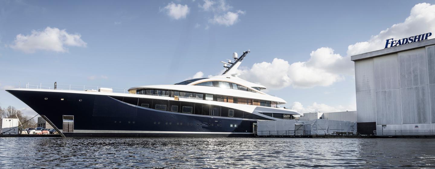 Superyacht Project 714 emerging from Feadship's shipyard