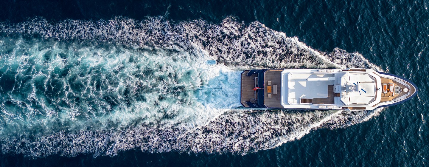 RMK120 SEVEN SEAS aerial shot whilst yacht is underway, calm sea, bright day