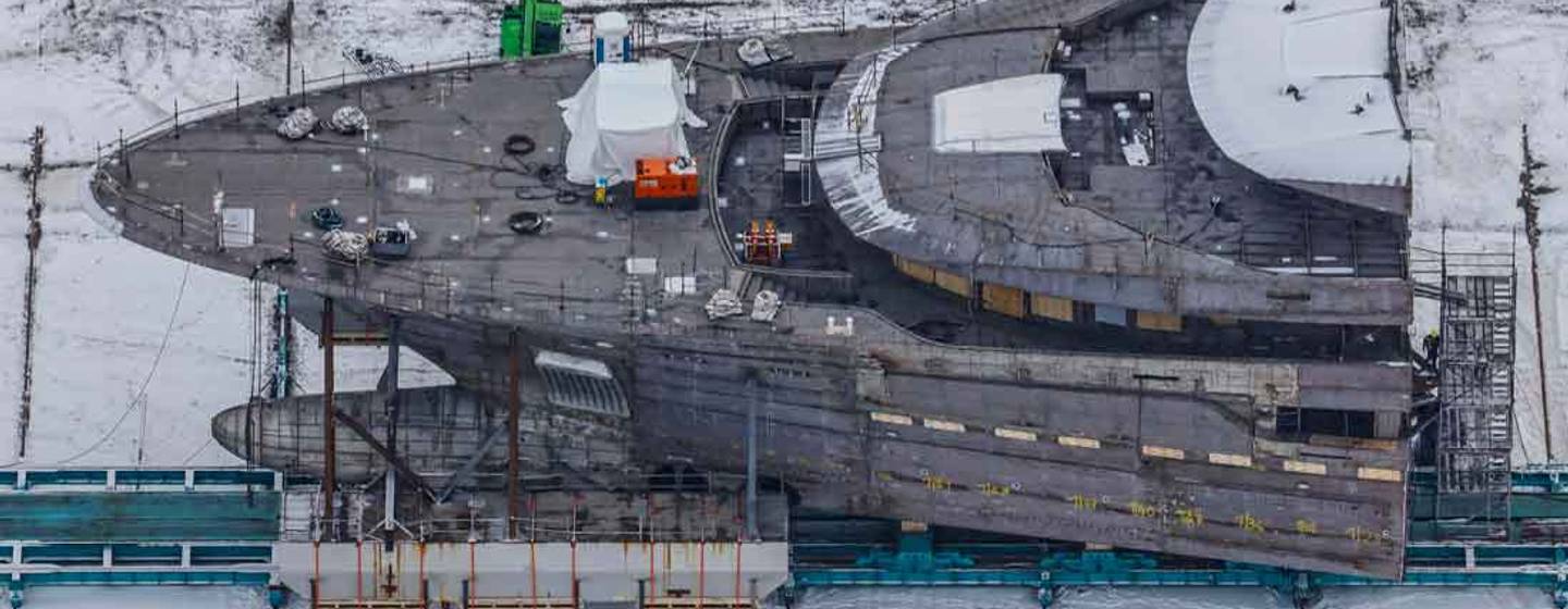 Bow of Lurssen superyacht in construction