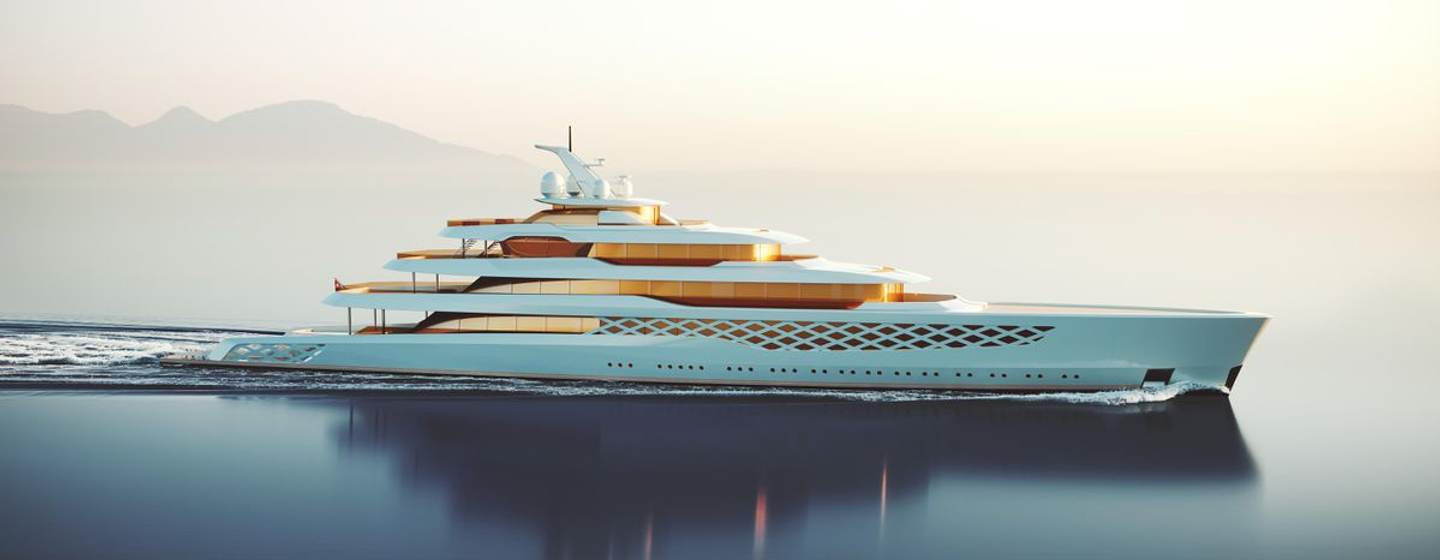 Side view of Feadship 'Project FG' underway, surrounded by sea