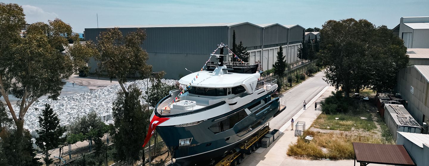  AvA Yachts Kando85 Explorer Yacht V on way to launch