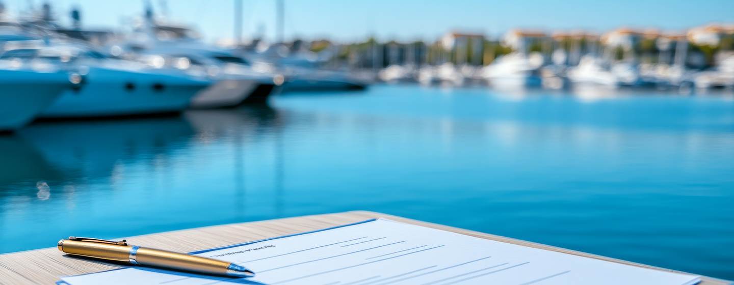 Close-up of legal contract with a picturesque marina view in the background 