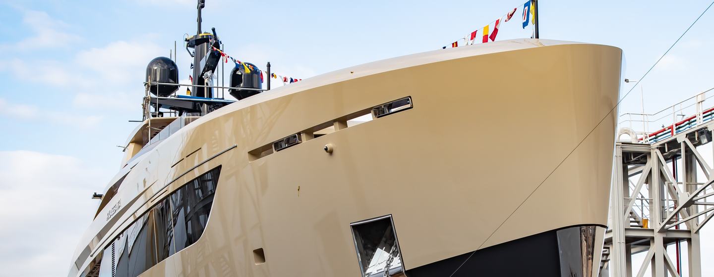 Close up view of the bow of Tankoa motor yacht Rilassata 