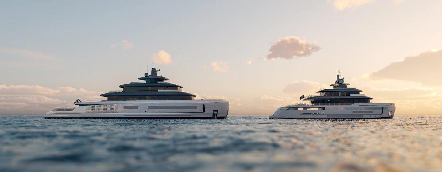 A render of Benetti B.Yond superyachts out at sea, both showing the starboard side