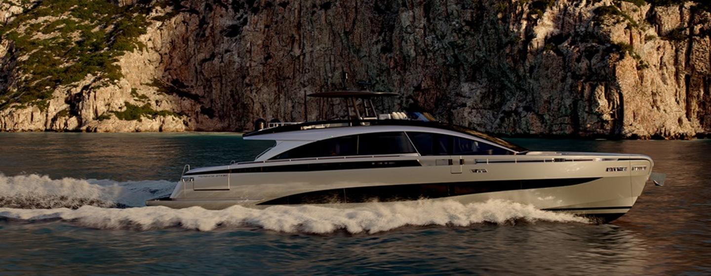 Pershing GTX90 motor yacht underway side view 