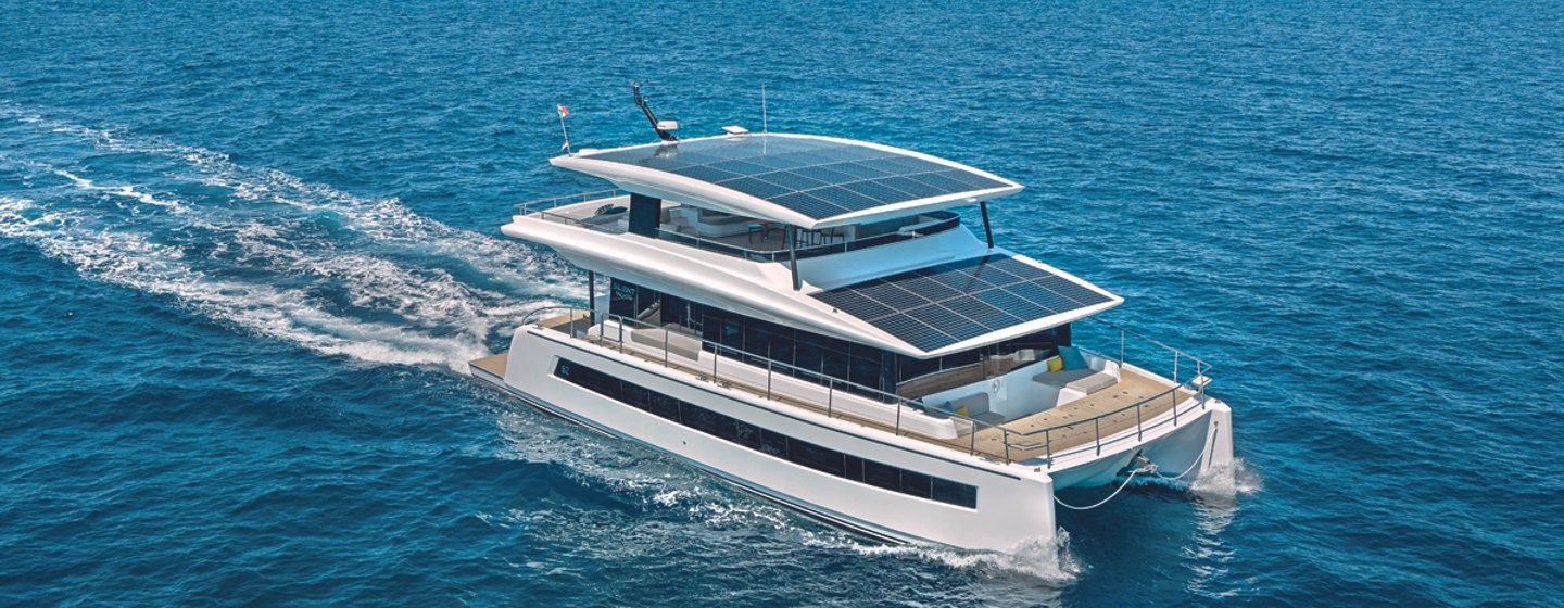 Silent Yachts Silent 62 3-Deck Open solar electric catamaran making way at sea