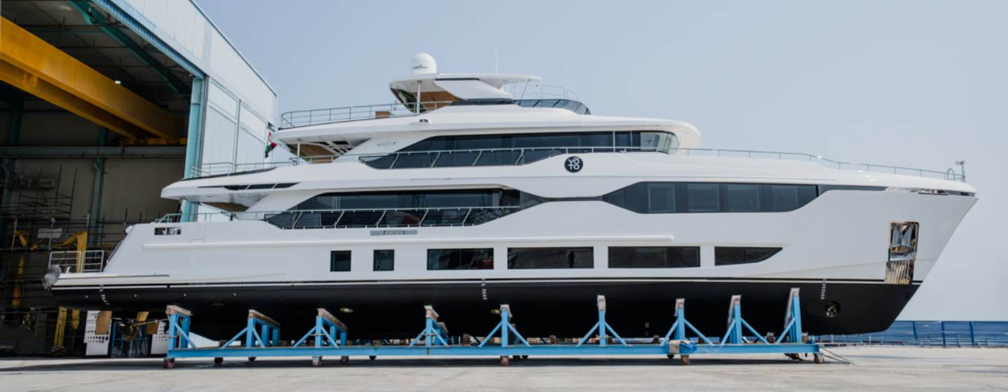 Majesty 120 Superyacht Yoto on trolley on launch