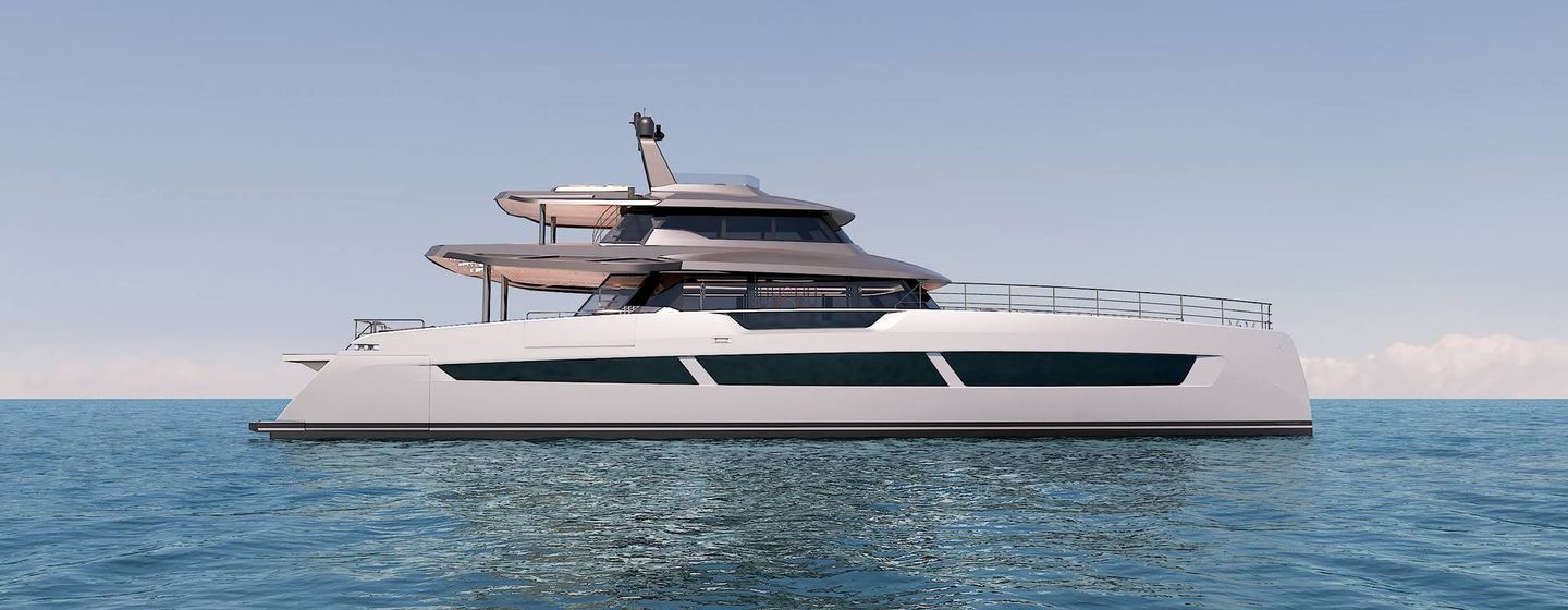 Rendering of Fountaine Pajot FPY120 catamaran at anchor 