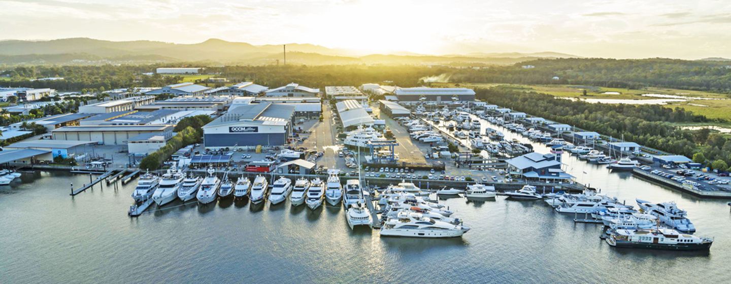 Overview of GCCM marina, surrounded by countryside and sea