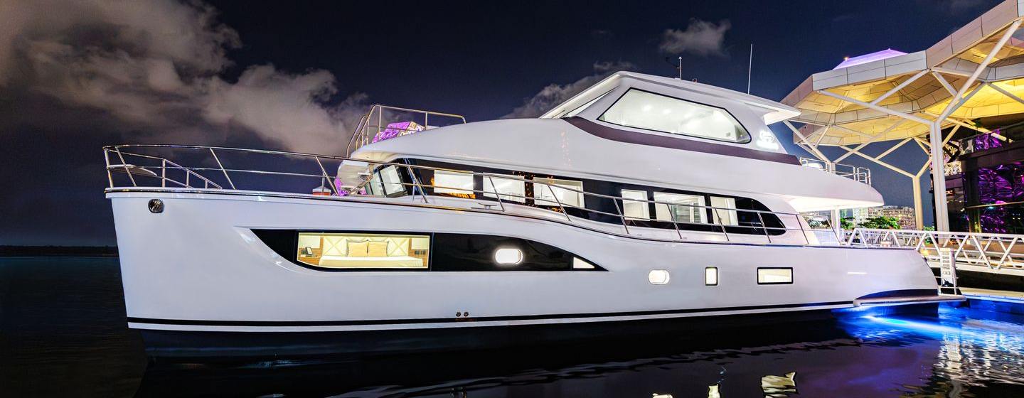 Horizon PC68A catamaran at anchor side view 