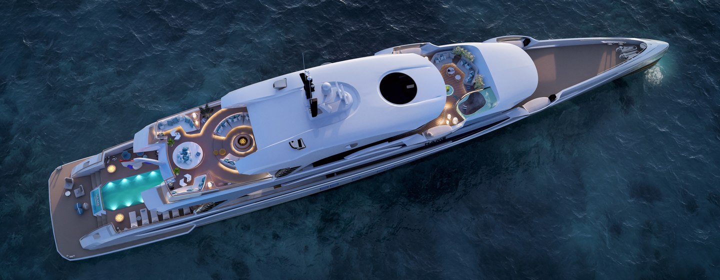 CGI of superyacht PHI on water