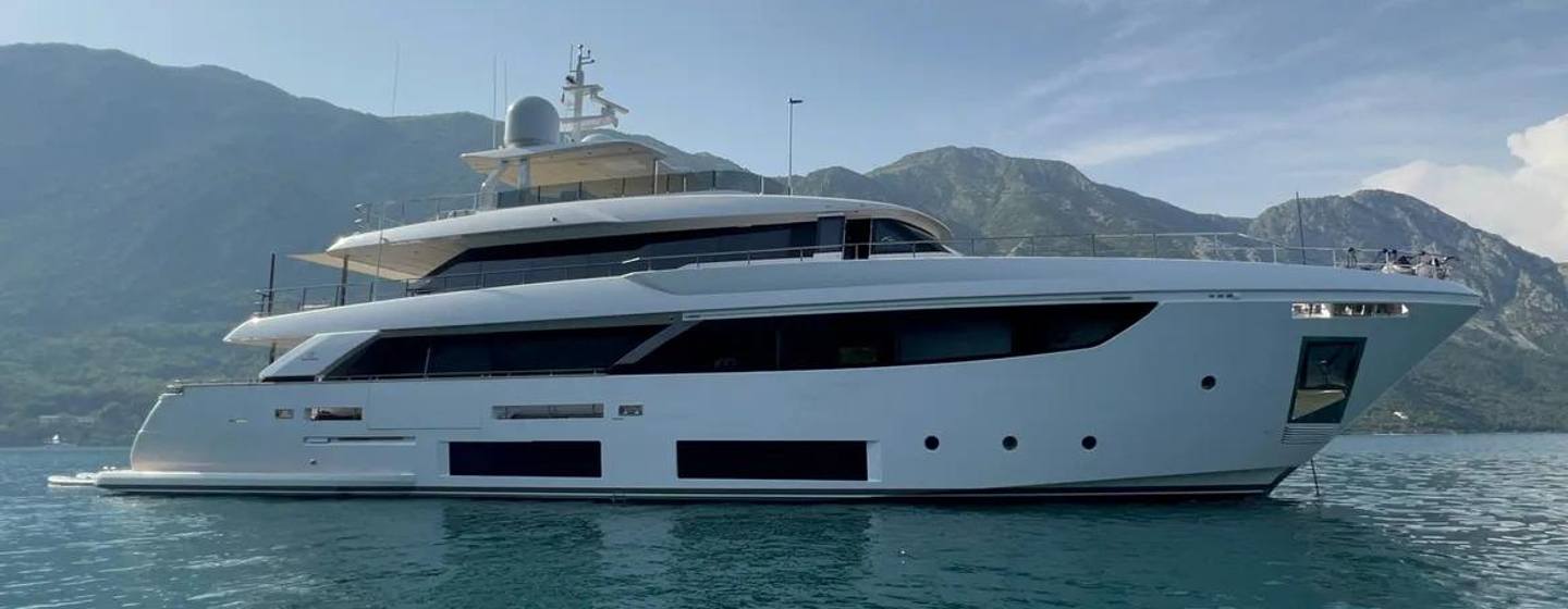  Custom Line yacht Adelia at anchor side view 
