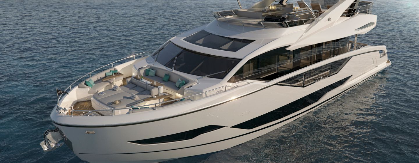 Rendering of one of the superyachts from Sunseeker's Ocean Club range anchored in calm waters 