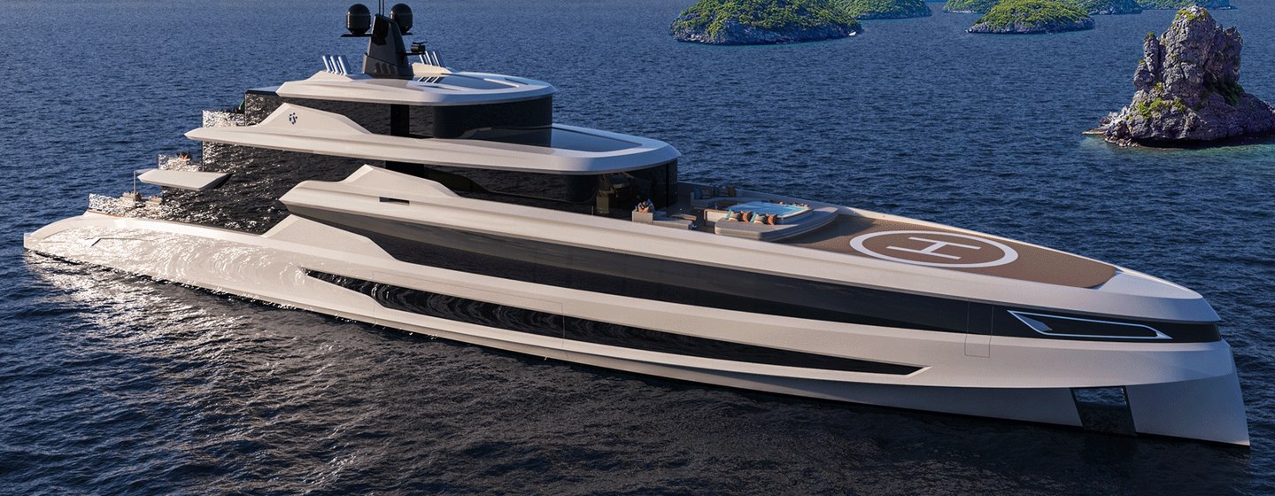 Side view of Fincantieri Yachts BLANCHE underway, surrounded by sea and small islands