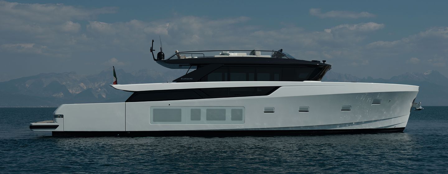 Bluegame BGX83 yacht at anchor side view