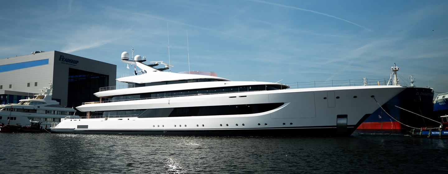 Feadship Project 827 outside her shed