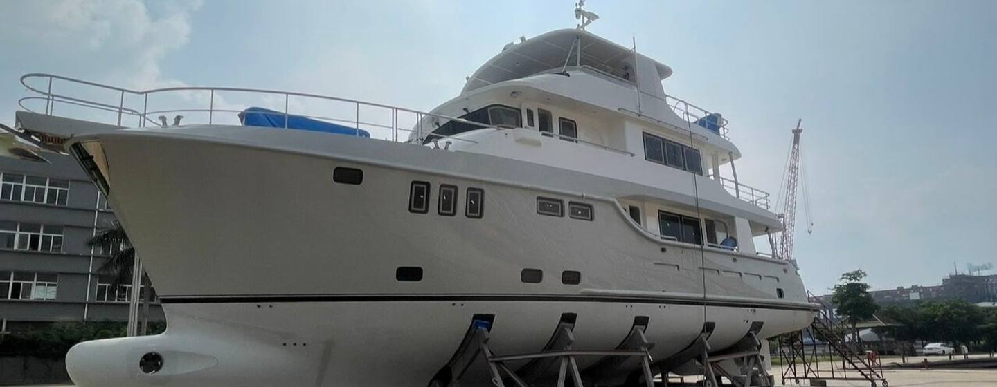 Nordhavn 80 Motor Yacht on metal stand pre-launch