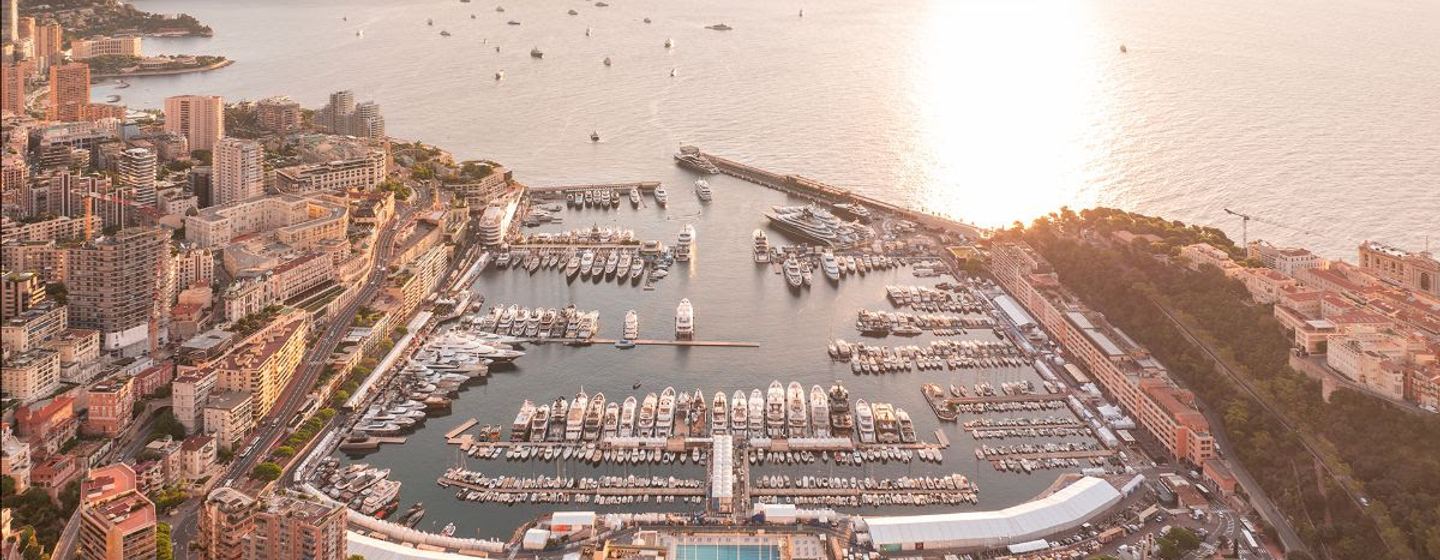 Aerial shot of Port Hercule in Monaco with hundreds of superyachts at berth