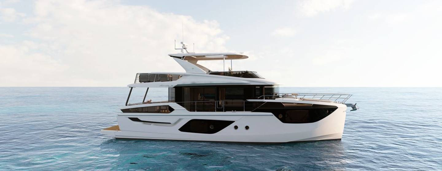 Rendering of Navetta 58 motor yacht at anchor 