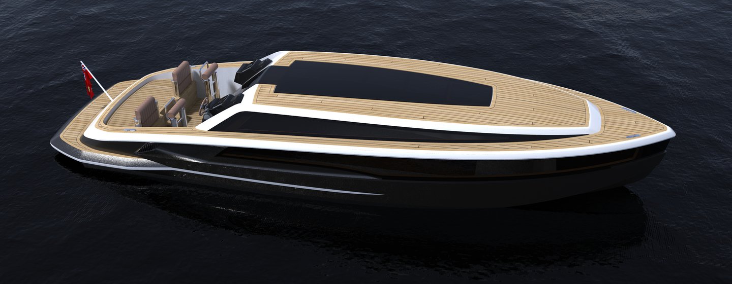 CGI of Wooden Boats limousine tender on water