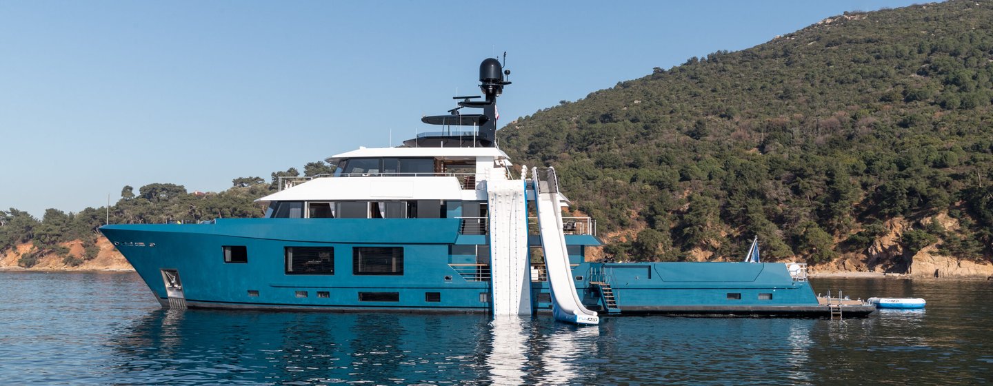 Expedition yacht King Benji at anchor with slide 