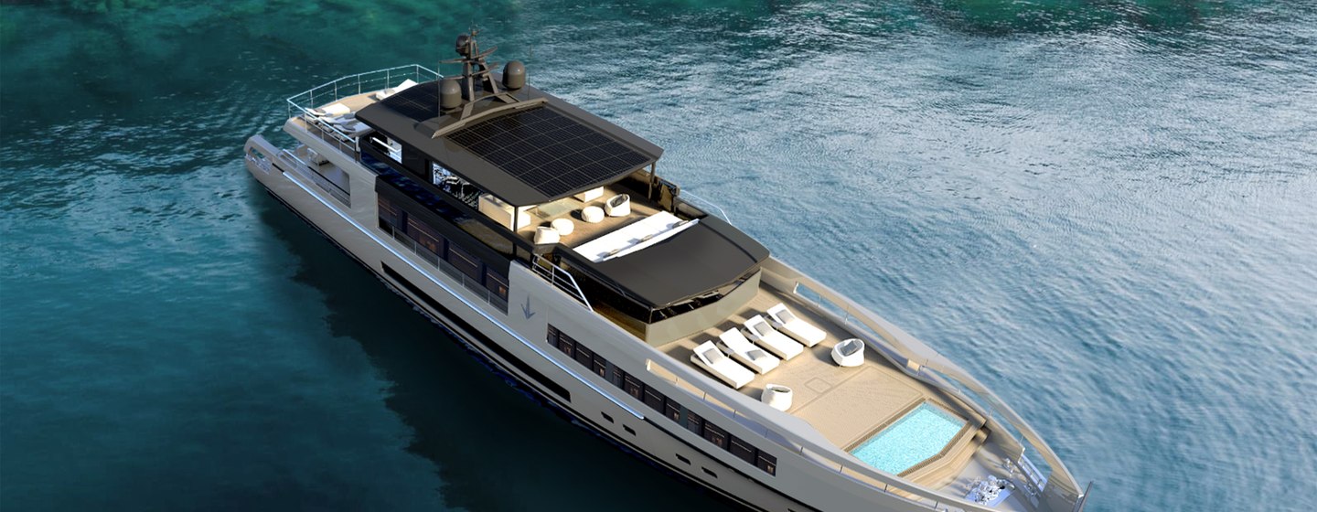 Antonini Navi UP40 motoryacht hull underway surrounded by sea and cliffs to rear 