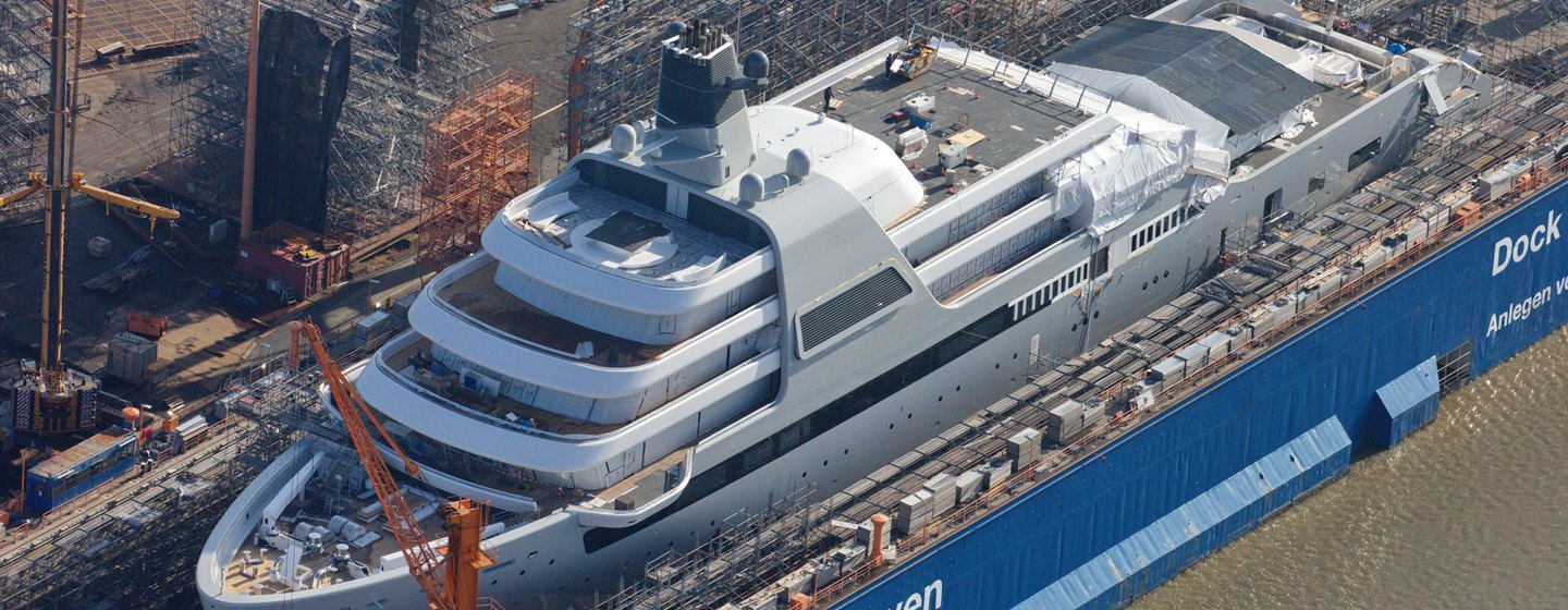 Aerial view of Superyacht SOLARIS in construction facility prior to launch