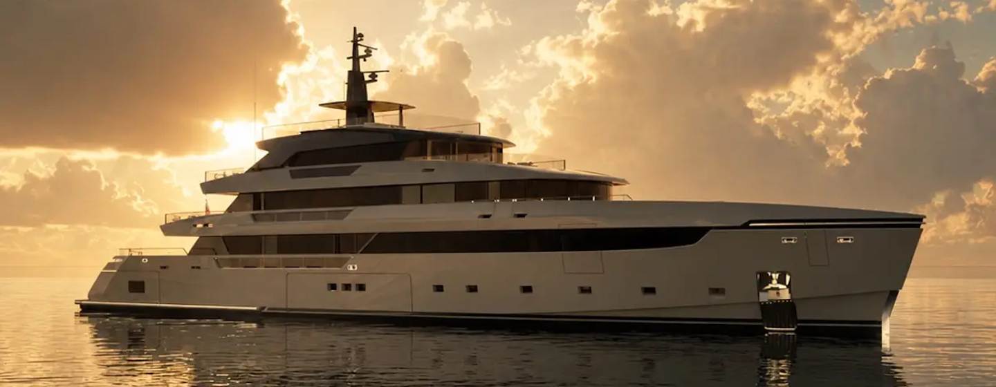 First Sanlorenzo 65Steel superyacht at anchor side view 