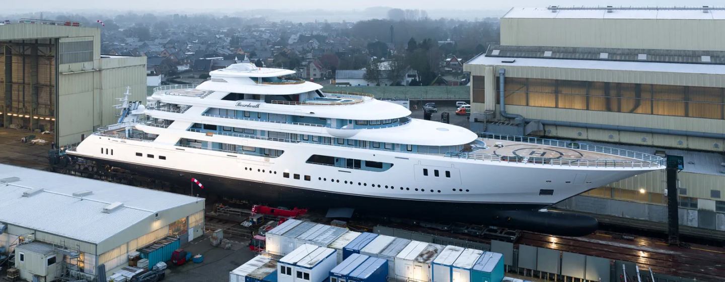 New 116m superyacht Boardwalk oustide Lürssen shed in Germany