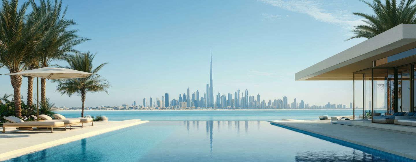 Luxury pool overlooking Dubai city skyline