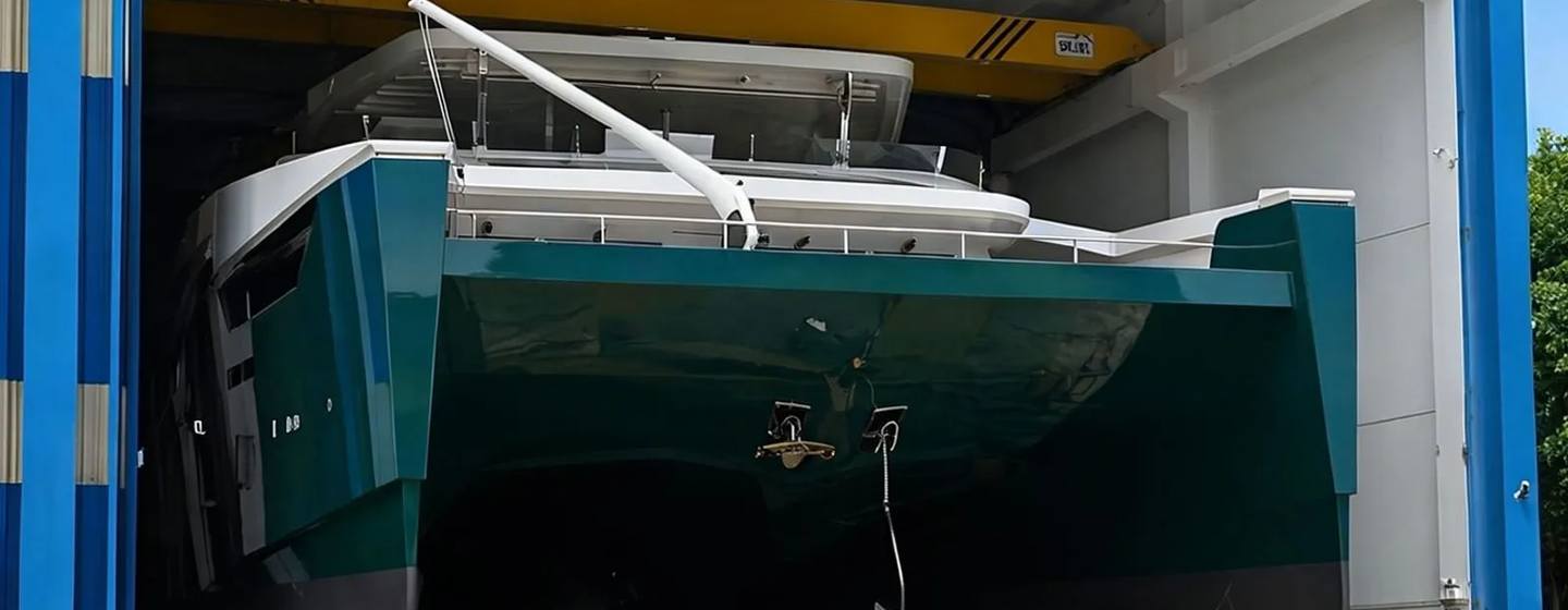 Sunpower-Alva 90 Solar Electric Catamaran Amantis 7 leaving shipyard