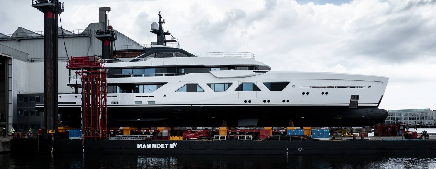 Eighth Amels 60 motor yacht on trolley before launch