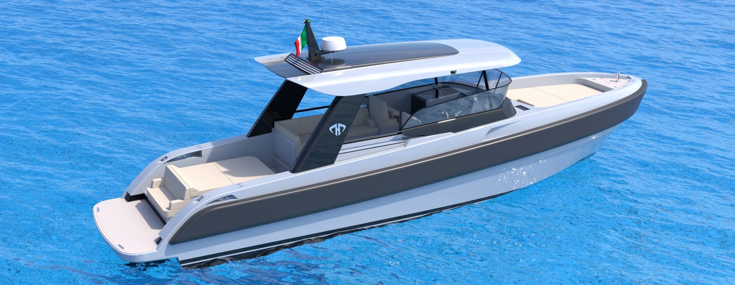 Rendering of TYKUN H1 dayboat at anchor 