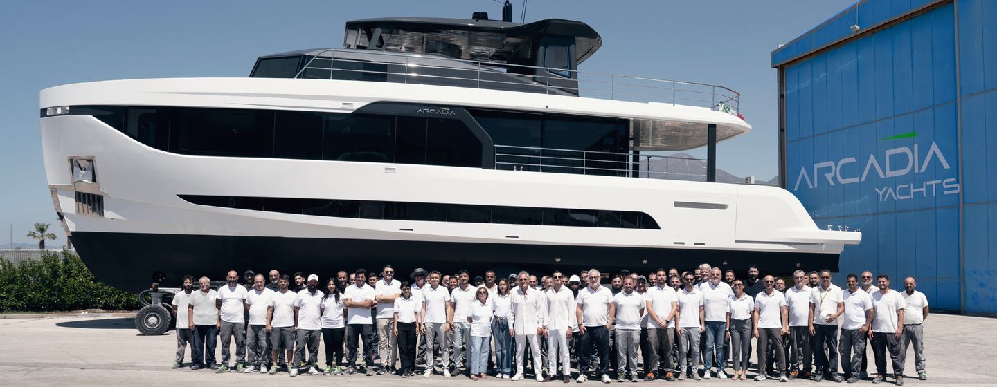 Second Arcadia A80 motor yacht launch with team 