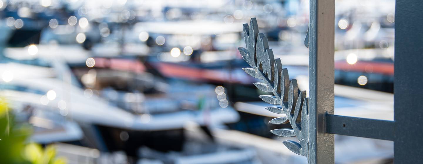 Cannes Yachting Festival 2024 Opening Day arty shot of yachts in background with focus on detailing in foreground