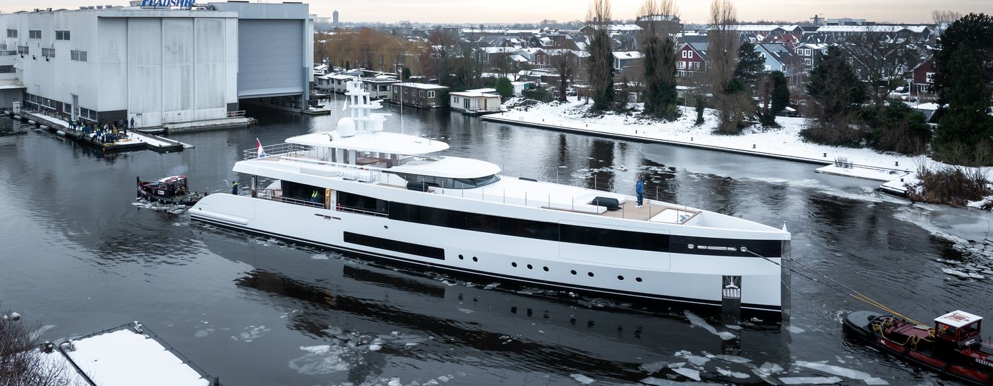 Feadship Superyacht Graycliffs outside Feadship shipyard in ice 