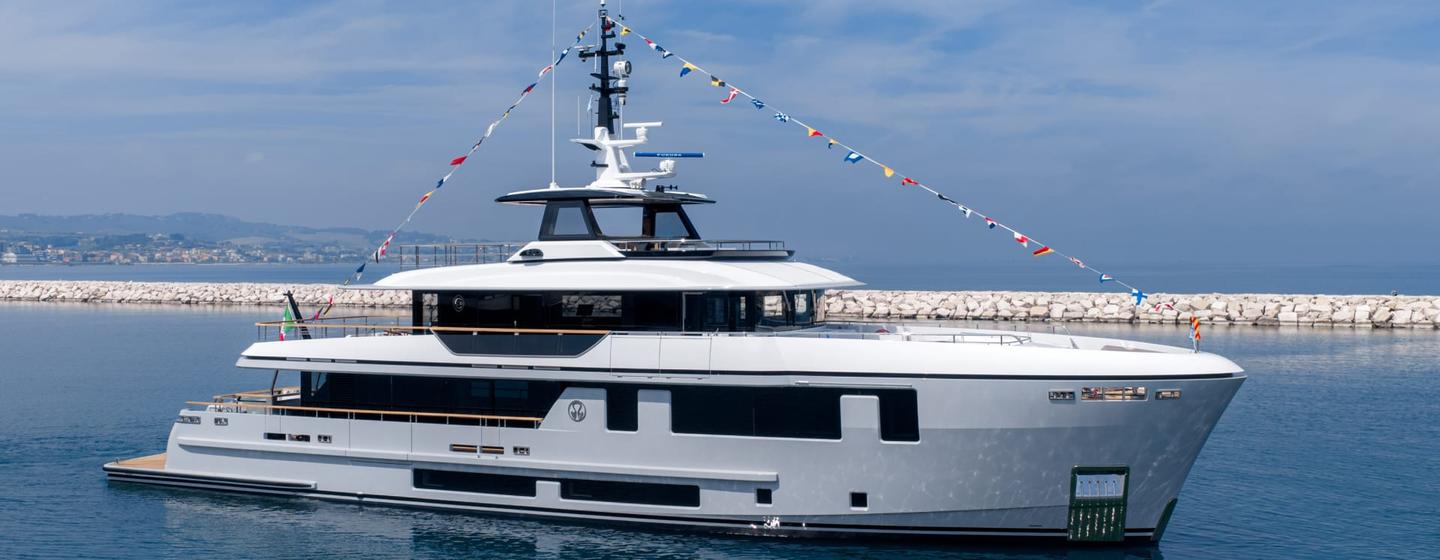 CdM Deep Blue 115 Explorer Yacht Octopus at launch with bunting