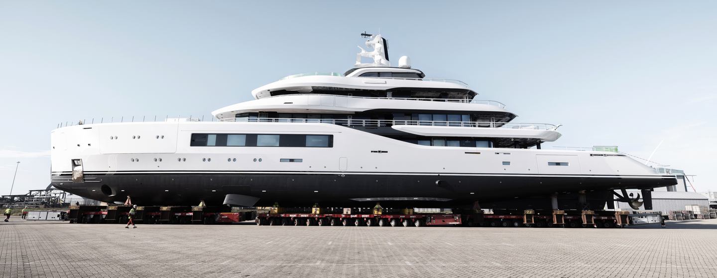 Third Amels 80 Superyacht Project Zurich on trolley for launch 