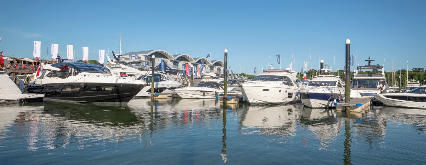 Yachts docked at British Motor Yacht Show