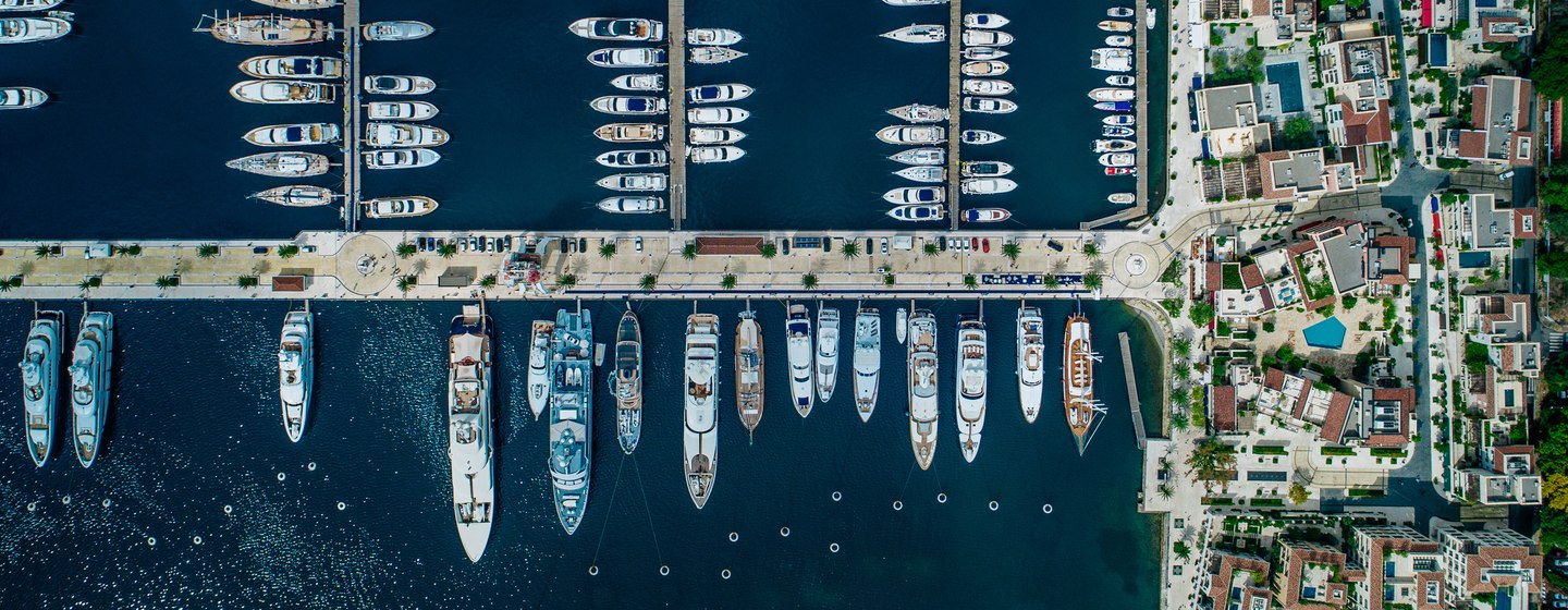 A number of yachts around marina, viewed from above