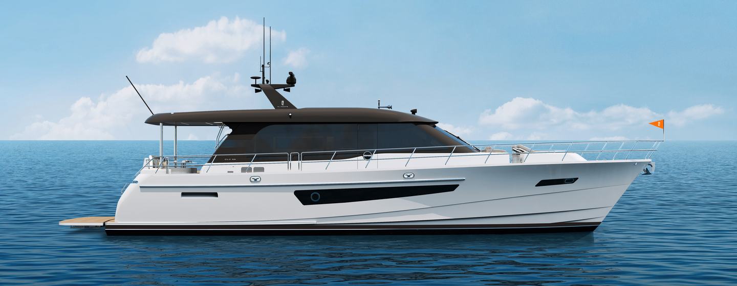 Rendering of CL Yachts CLB65 SUV motor yacht at anchor 